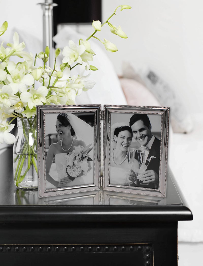 LEADEX Bead Border Double Sides Picture Frames,Folding Photo Frame,Home Office DÃ©cor Or Gift Item (Silver, Vertical Double 5 by 7) - Image 2